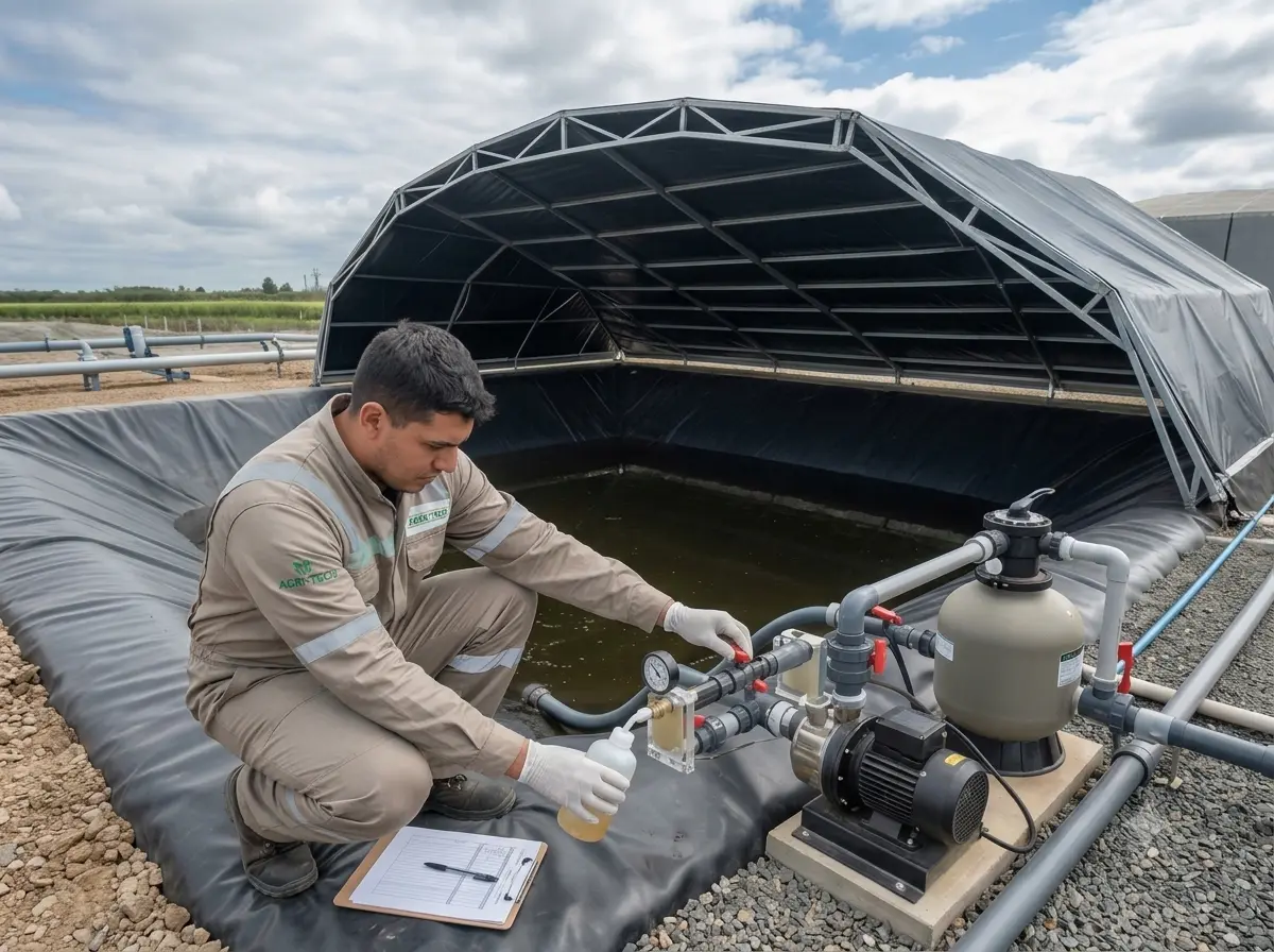 Técnico tomando una muestra de biol junto al equipo de filtrado y bombeo, al borde de una poza revestida y cubierta