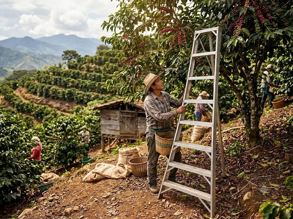 Cosechador de café con canasta apoyándose en una escalera de tijera de aluminio, en una ladera de cultivo