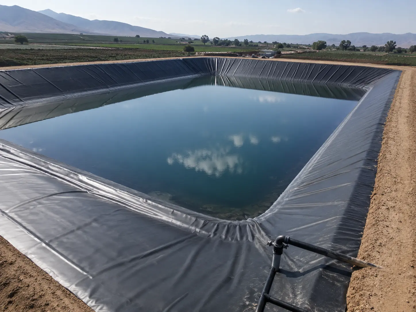 Reservorio de riego revestido con geomembrana y lleno de agua, rodeado de campos de cultivo