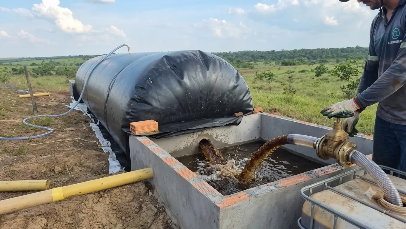 Descarga de biol desde un biodigestor tubular a una caja de concreto, con la línea de gas por encima y una válvula de salida