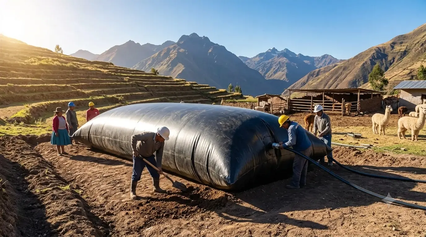 Instalación de un biodigestor tubular de geomembrana en una comunidad altoandina, con alpacas y terrazas de cultivo al fondo