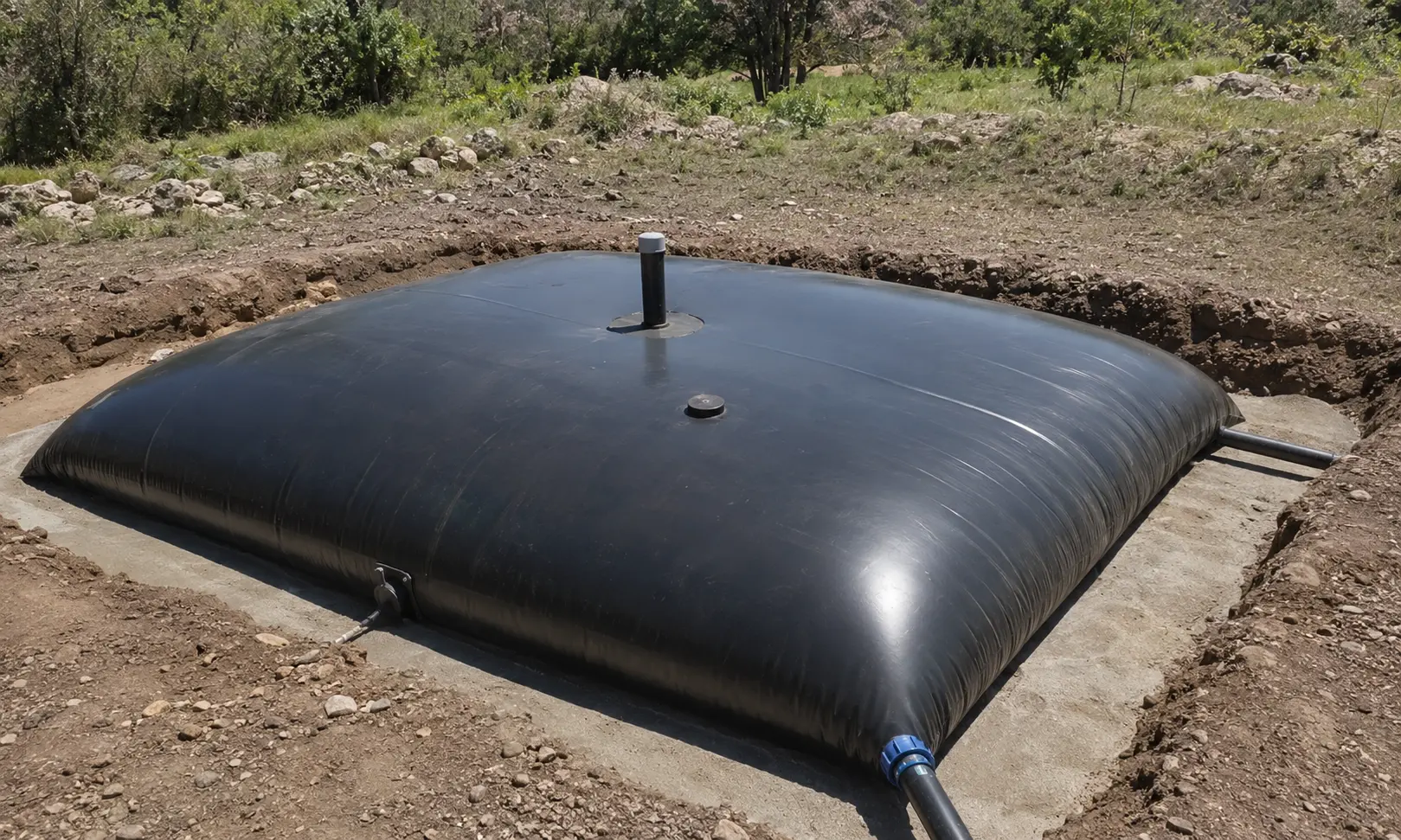 Biodigestor de geomembrana instalado sobre losa de concreto en zanja, con venteo vertical y conexiones de entrada y salida
