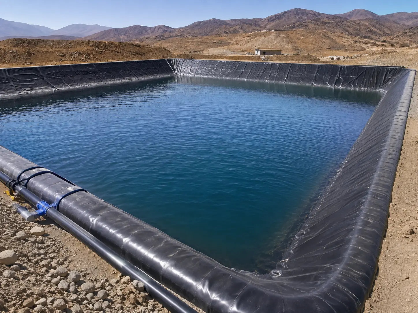 Reservorio de agua industrial lleno, revestido con geomembrana HDPE, con la línea de conducción tendida en el borde
