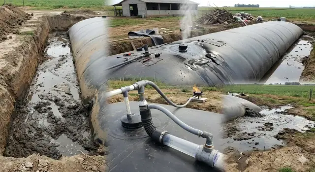 Preparación técnica de la zanja del biodigestor antes del despliegue de geomembrana HDPE