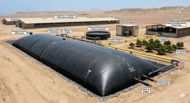 Instalación de sistema de biodigestión de 1,500 m³ para granja porcina en Chincha