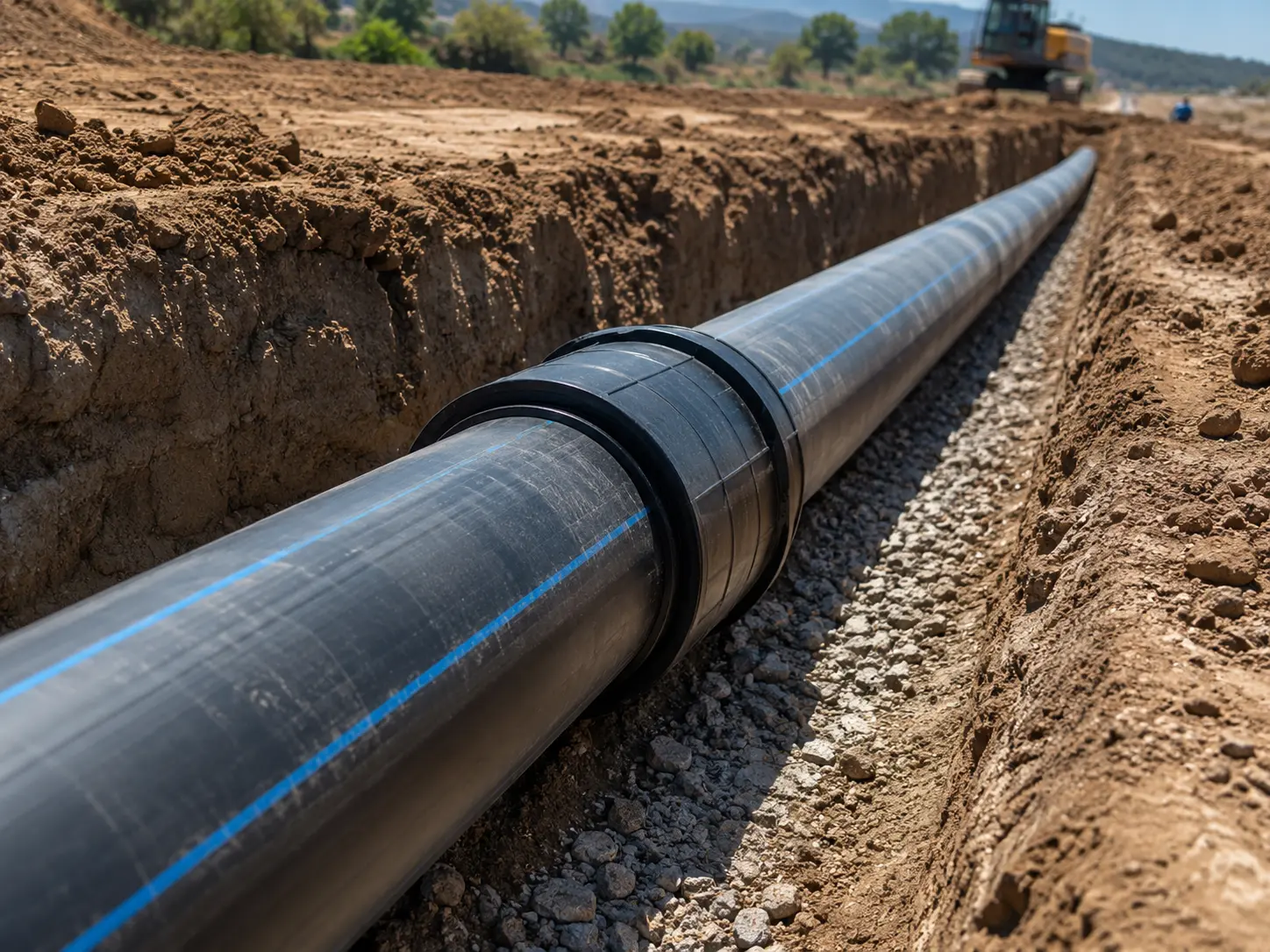 Colector de HDPE de gran diámetro tendido en zanja sobre cama de grava, con una excavadora al fondo